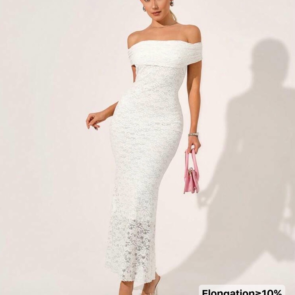 SHEIN White Off-Shoulder Lace Midi Dress